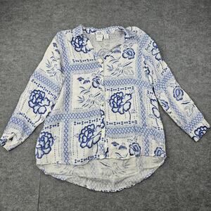 Halston Shirt Womens Large Blue White Floral Linen Button Up Coastal Vacation